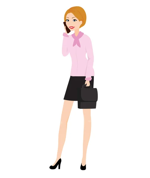 Femme d'affaires fille avec mallette et téléphone mobile — Image vectorielle