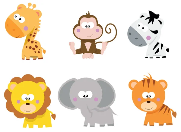 Sammlung von niedlichen Karikaturen kleiner Safari Dschungel Tiere — Stockvektor