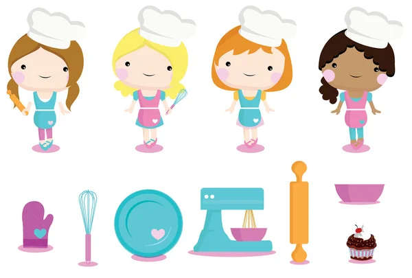 Carino ragazze di cottura e oggetti per le occasioni e festa — Vettoriale Stock