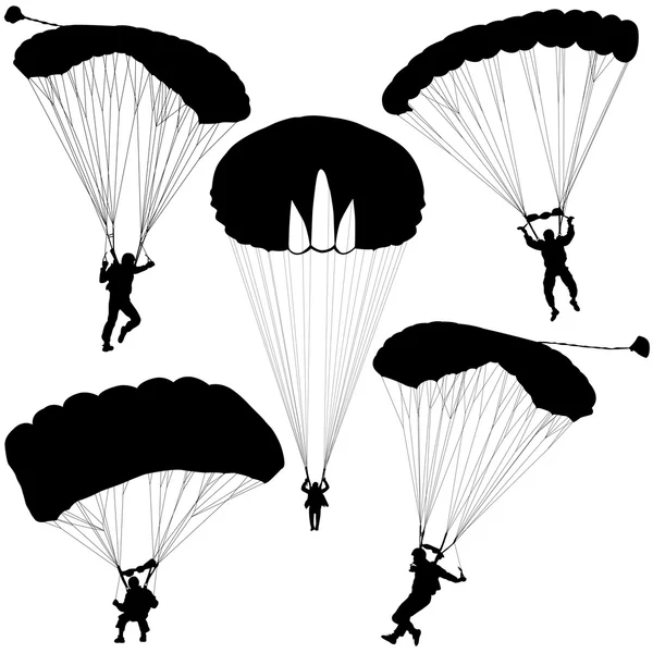 Set skydiver, silhouette paracadutismo vettoriale illustrazione — Vettoriale Stock