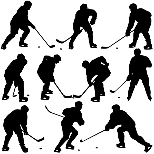 Establecer siluetas de jugador de hockey. Aislado sobre blanco. Vector — Vector de stock