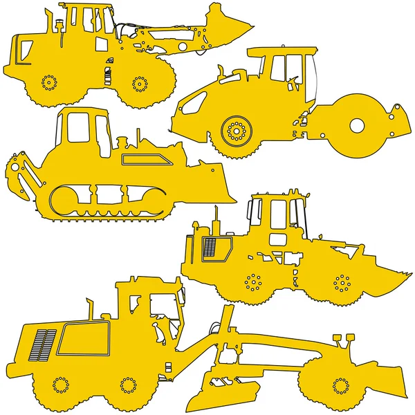 Set silhouette attrezzature per la costruzione di strade. Illustrazione vettoriale — Vettoriale Stock