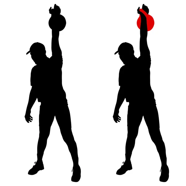 Silhouette muscular man holding kettle bell.  Vector illustration — Stock Vector