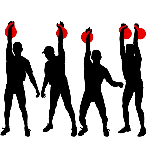 Set silhouette uomo muscoloso in possesso di campana bollitore. Illustrazione vettoriale — Vettoriale Stock