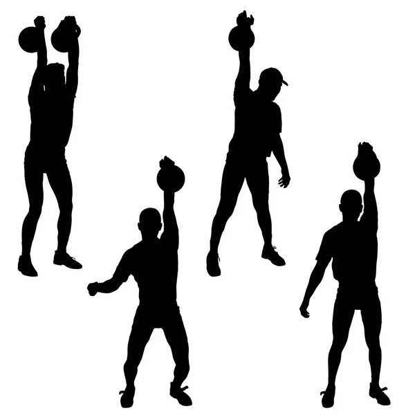 Ställ in silhouette muskulös man håller kettle bell. Vektor illustration — Stock vektor