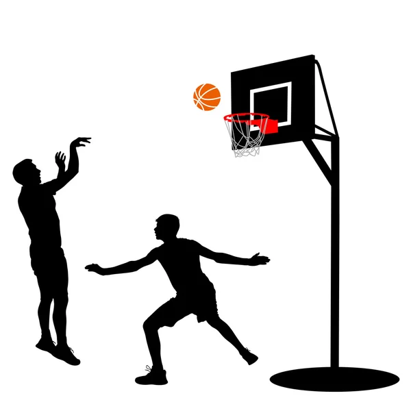 Siluetas negras de hombres jugando baloncesto sobre un fondo blanco — Vector de stock