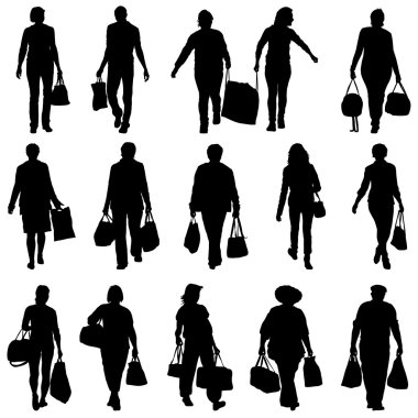 Siyah siluetler adamın ve kadının ile paketleri torbalar