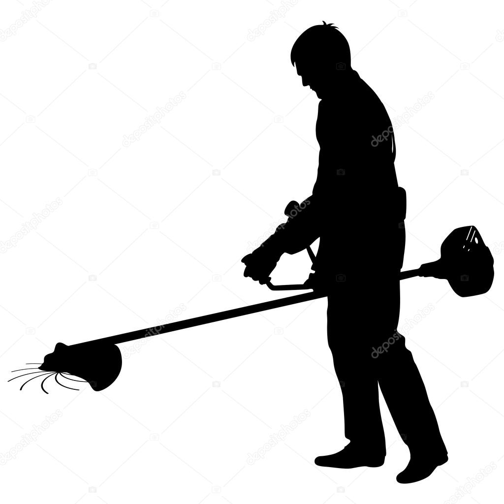 Silhouette worker of a garden cuts off  grass. 