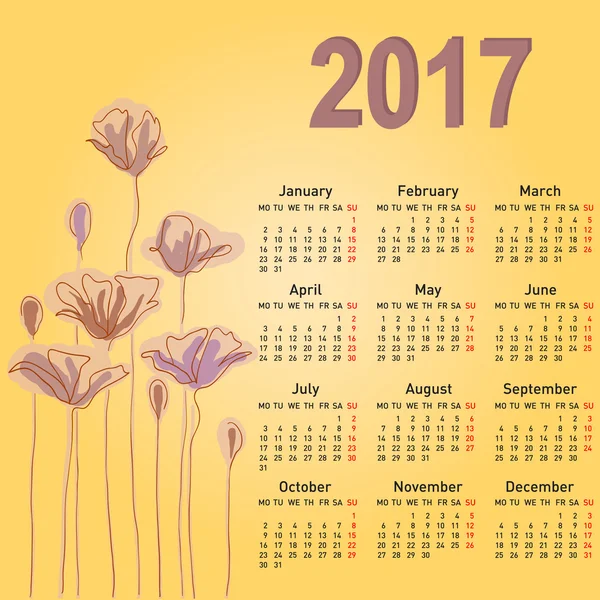 월요일에 시작 하는 세련 된 캘린더 2017 주 꽃. — 스톡 벡터