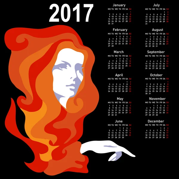 Calendario con estilo con mujer para 2017. La semana comienza el lunes — Vector de stock