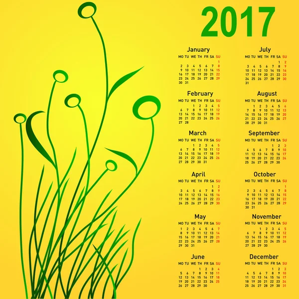 Calendario elegante con fiori per il 2017. La settimana inizia lunedì — Vettoriale Stock