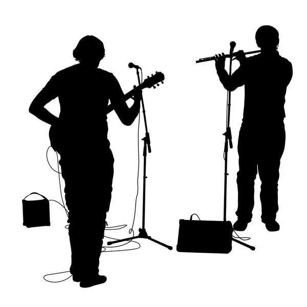 Silhouettes musicians plays the guitar and flute. Vector illustration — Stock Vector