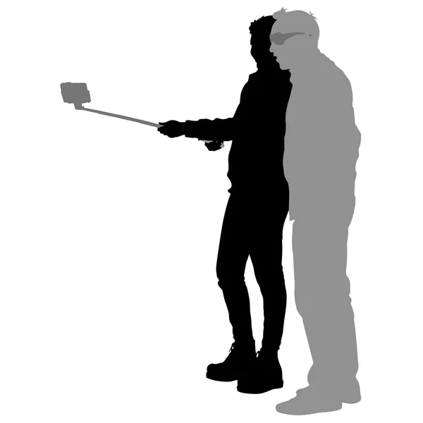 Silhouette uomo e donna scattare selfie con smartphone su sfondo bianco. Illustrazione vettoriale — Vettoriale Stock