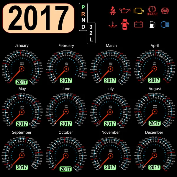 Año 2017 calendario velocímetro coche en vector — Vector de stock