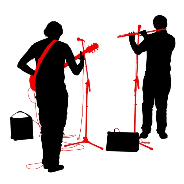 Sziluettek zenész játszik a gitár és a fuvola. Vektoros illusztráció — Stock Vector