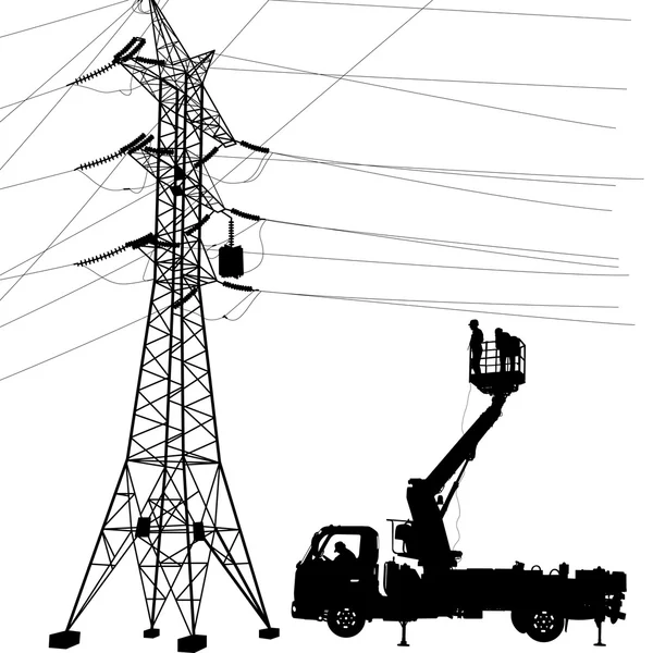 Eletricista, a fazer reparações num poste de energia. Ilustração vetorial — Vetor de Stock