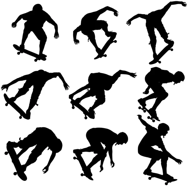 Impostare ilhouette uno skateboarder esegue salto. Illustrazione vettoriale — Vettoriale Stock