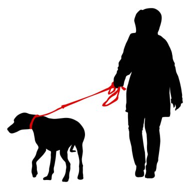 Beyaz arka planda kadın ve köpek silueti.