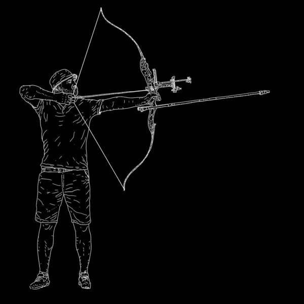 描绘吸引人的男性弓箭手弯曲弓并瞄准目标的轮廓 — 图库矢量图片