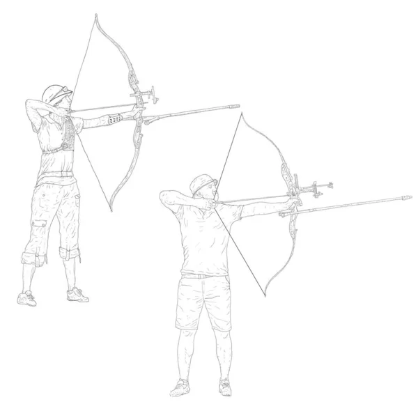 Set Croquis Silhouettes Attrayant Archer Féminin Masculin Plier Arc Visant — Image vectorielle