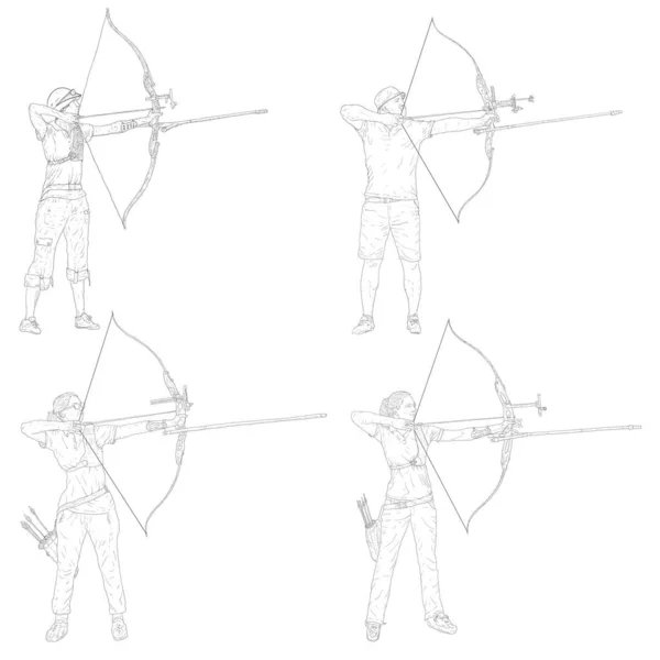 Set Sketches Siluetas Atractivas Arquero Femenino Masculino Doblando Arco Apuntando — Vector de stock