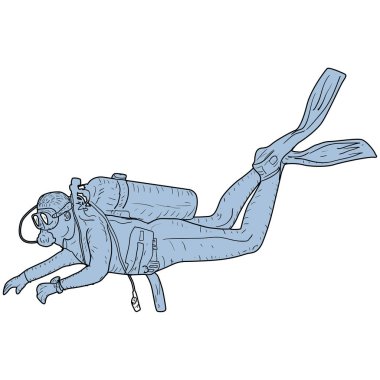 Beyaz arkaplanda scuba dalgıçlarının eşkalini çiz.