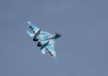 Moscow Russia Zhukovsky Airfield 31 August 2019: aerobatic team swifts MiG-35 erfoming demonstration flight of the international aerospace salon MAKS-2019. clipart