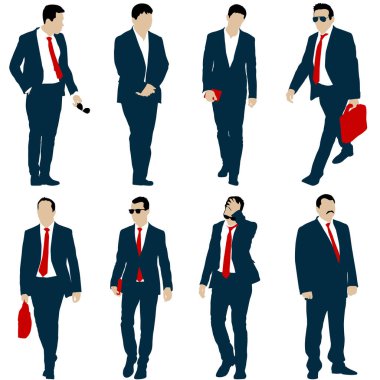 Beyaz arka planda kravatlı, takım elbiseli, siluet işadamı ayarlayın..