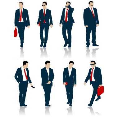 Beyaz arka planda kravatlı, takım elbiseli, siluet işadamı ayarlayın..