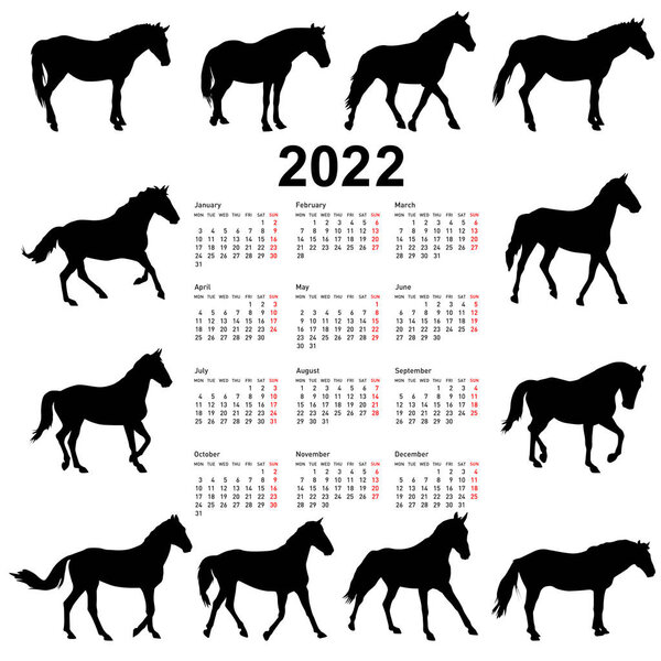 Calendar for 2022 of horse silhouettes isolated on white background.