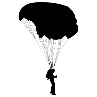 Paraşütçü, siluetler beyaz arkaplanda paraşütle atlıyor.