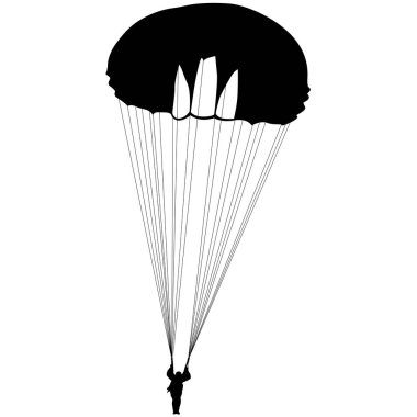 Paraşütçü, siluetler beyaz arkaplanda paraşütle atlıyor.