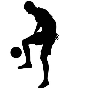 Beyaz arka planda topu olan futbolcuların siluetleri.