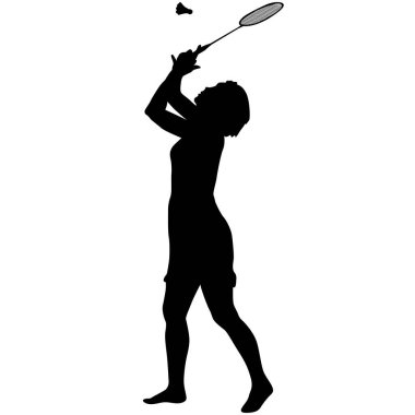 Beyaz arka planda siyah badminton oyuncusu..