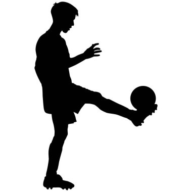 Beyaz arka planda topu olan futbolcuların siluetleri.