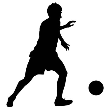 Beyaz arka planda topu olan futbolcuların siluetleri.