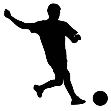 Beyaz arka planda topu olan futbolcuların siluetleri.