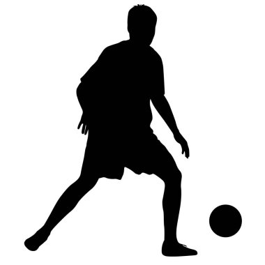Beyaz arka planda topu olan futbolcuların siluetleri.