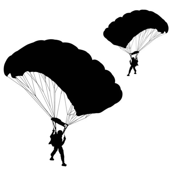 Skydiver Silhuetter Fallskärm Vit Bakgrund — Stock vektor