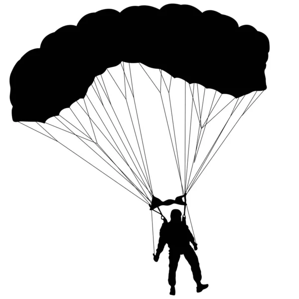Paraşütçü Siluetler Beyaz Arkaplanda Paraşütle Atlıyor — Stok Vektör