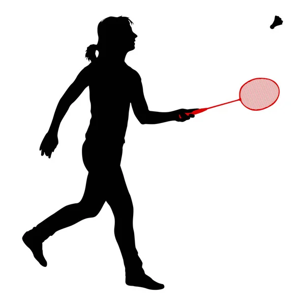 Silhouette Nera Del Giocatore Badminton Femminile Sfondo Bianco — Vettoriale Stock