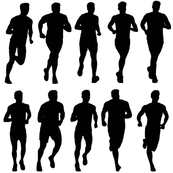 Joukko Siluetteja Juoksijat Sprint Miehet Valkoisella Taustalla — vektorikuva