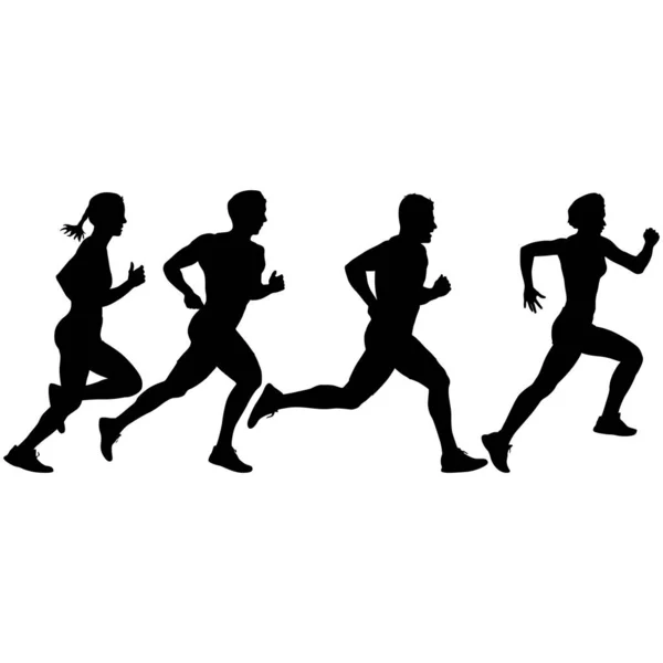 Ensemble Silhouettes Runners Sur Sprint Hommes Femmes Sur Fond Blanc — Image vectorielle