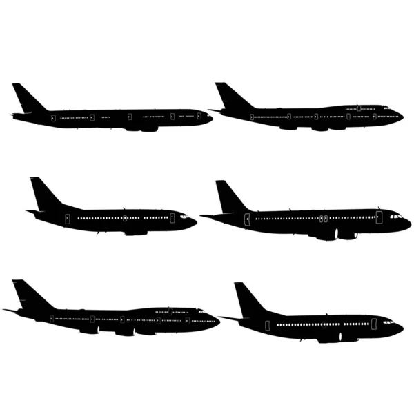 Establecer Aviones Pasajeros Silueta Sobre Fondo Blanco — Vector de stock