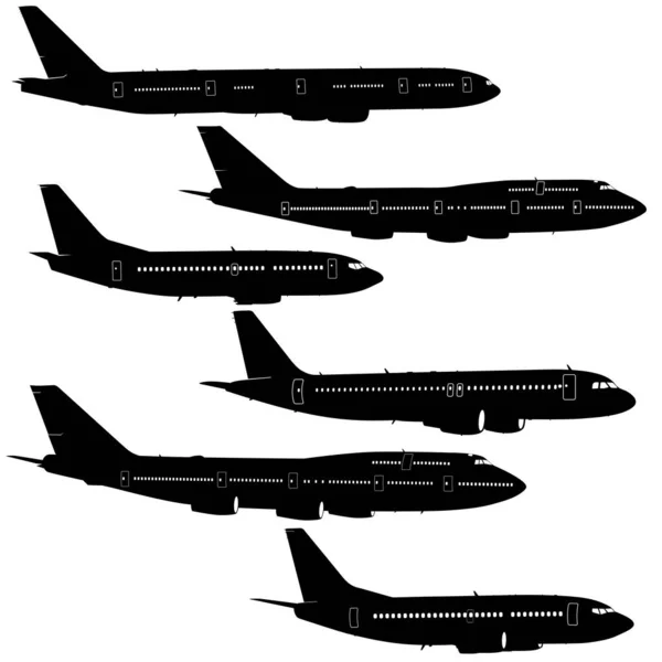 Zestaw Sylwetki Samolotu Pasażerskiego Białym Tle — Wektor stockowy