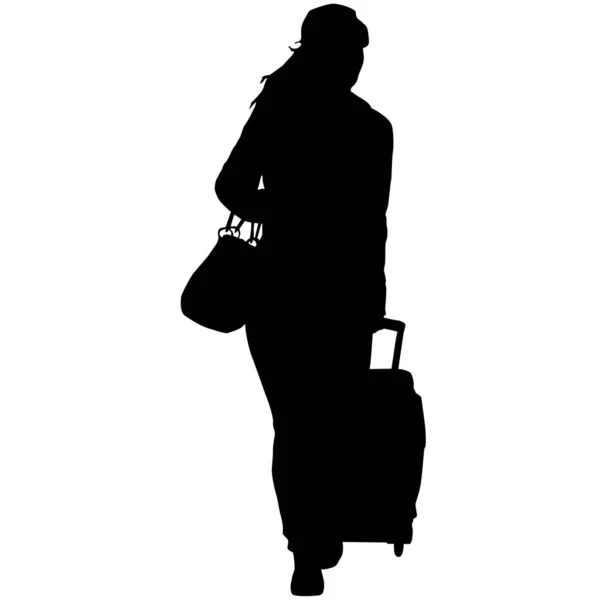 Black Silhouettes Travelers Suitcases White Background — Stock Vector