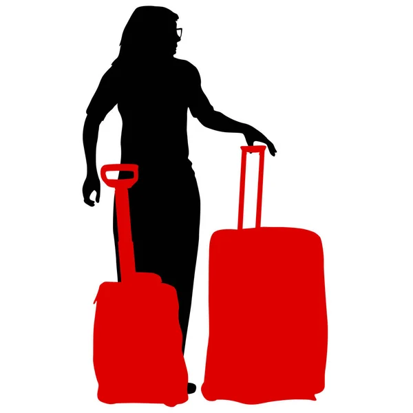 白い背景にスーツケース付きブラックシルエット旅行者 — ストックベクタ