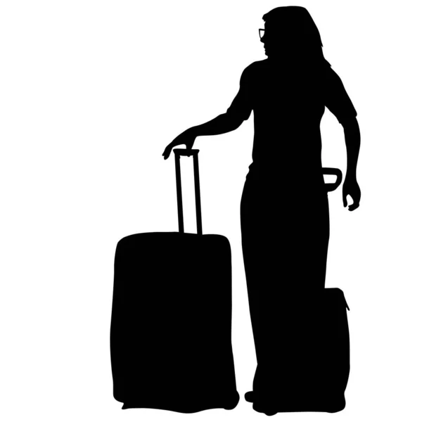白い背景にスーツケース付きブラックシルエット旅行者 — ストックベクタ