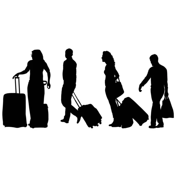 Μαύρες Σιλουέτες Ταξιδιώτες Βαλίτσες Λευκό Φόντο — Διανυσματικό Αρχείο