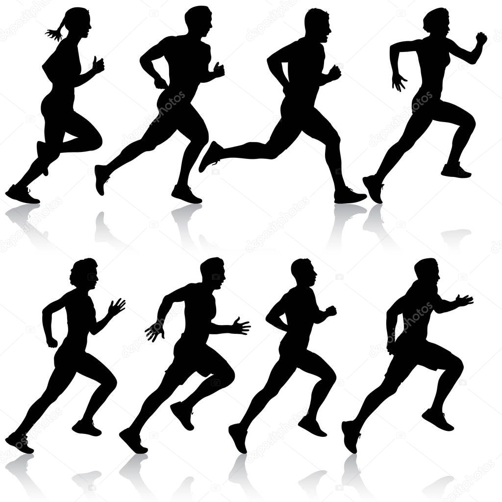 Set of silhouettes. Runners on sprint men and women on white background.